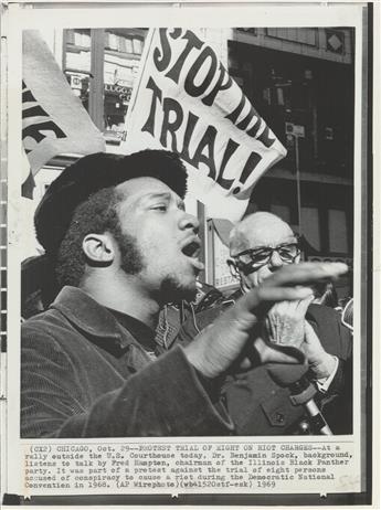 (BLACK PANTHERS.) Banner reading Stop the Trial from a protest rally against the trial of the Chicago Eight.